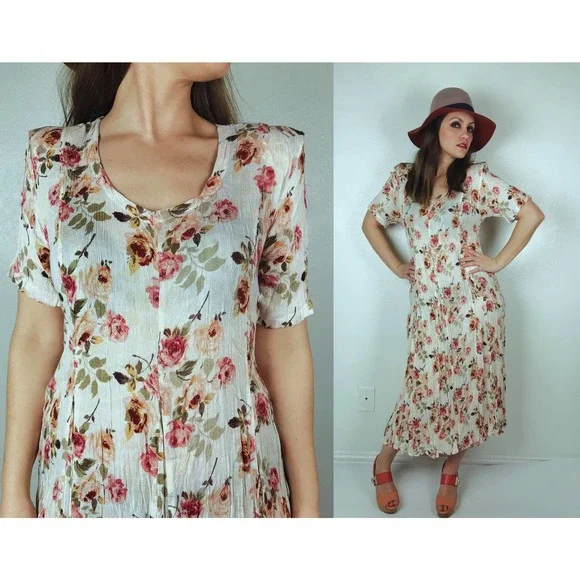white christmas dresses Beige Floral Midi Dress - All Dresses